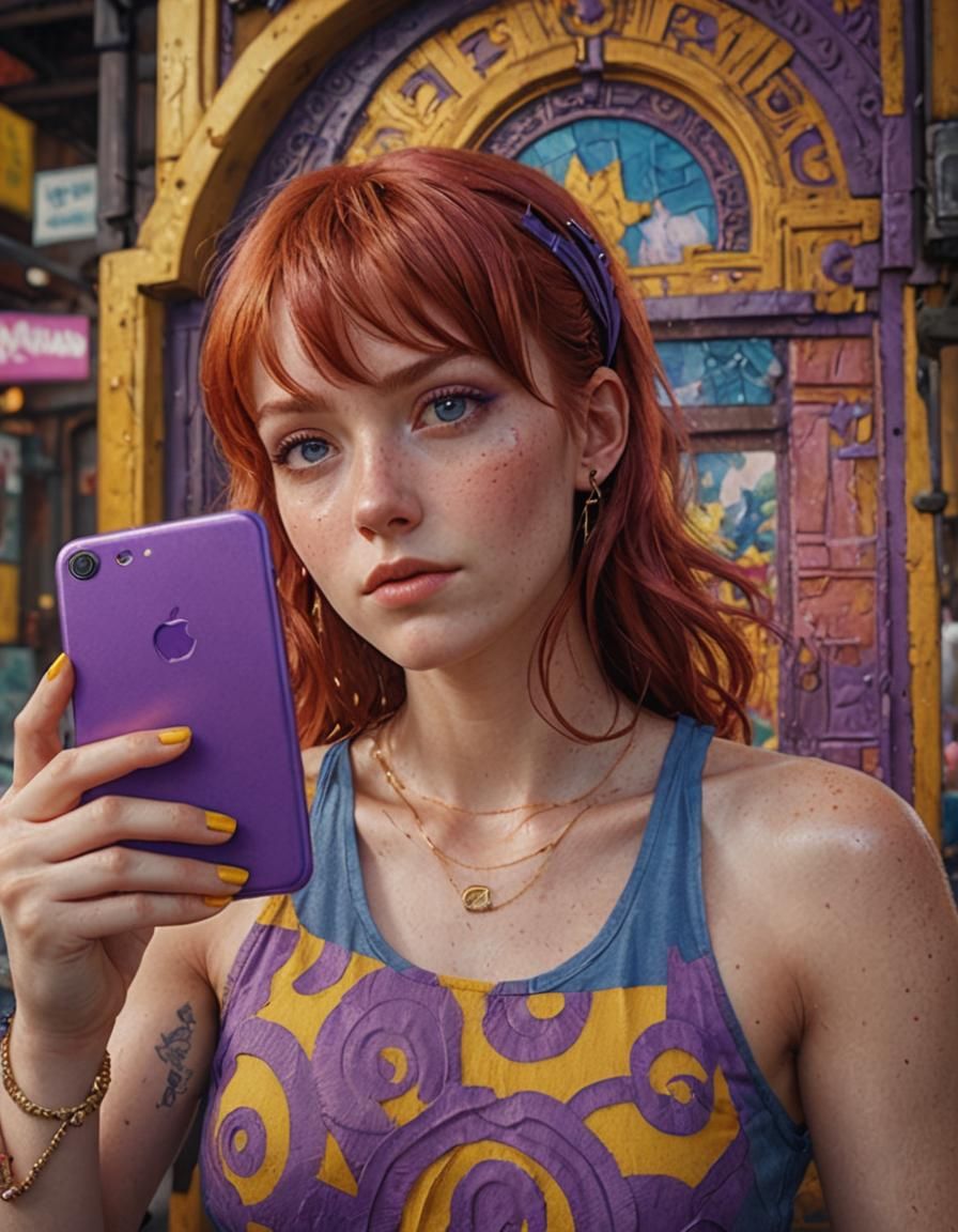 Woman with Red Hair and Purple Nails
