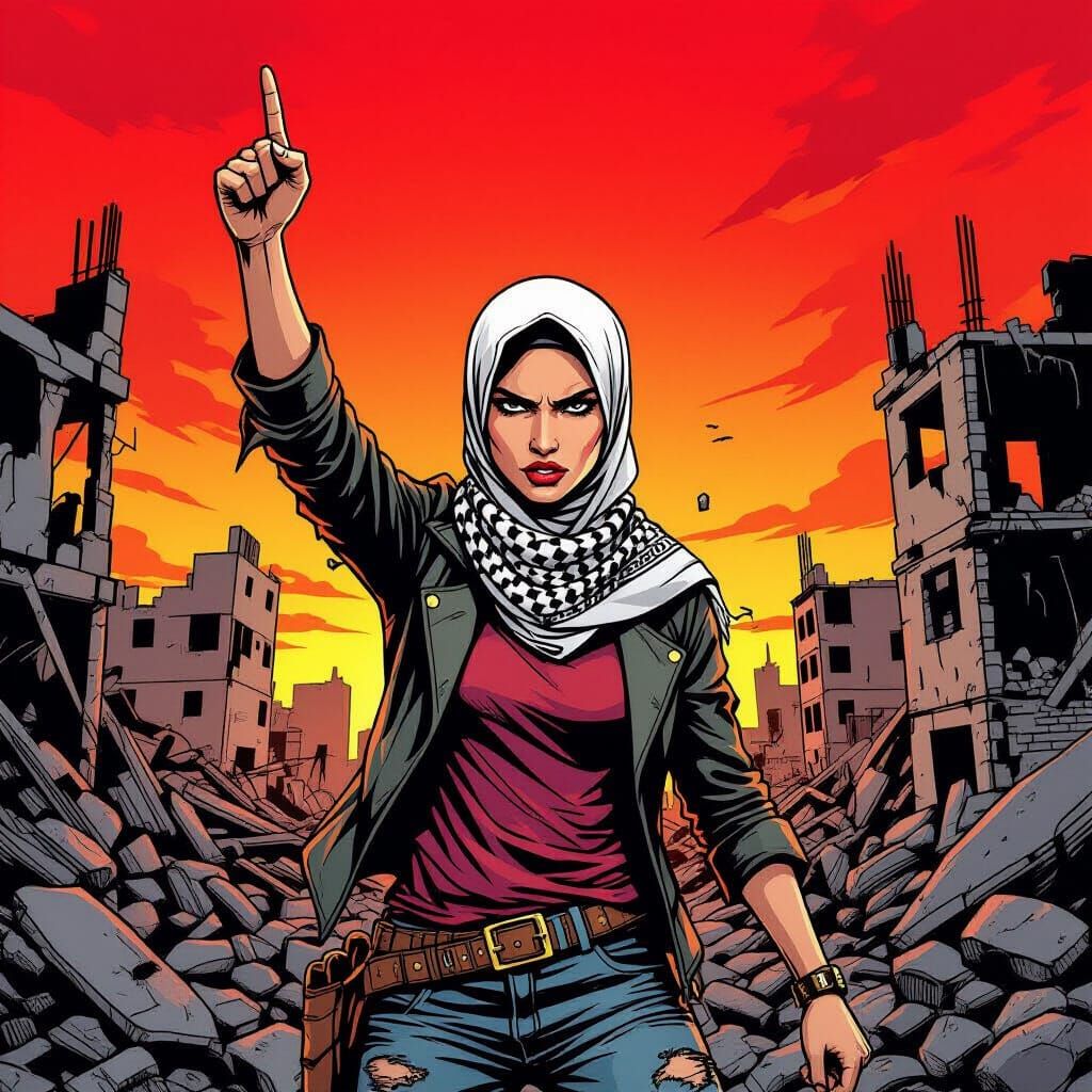 Defiant Woman Rises from Rubble Under Red Sky