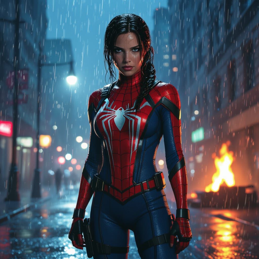 Lara Croft in Spider-Man Suit in Rainy City Night