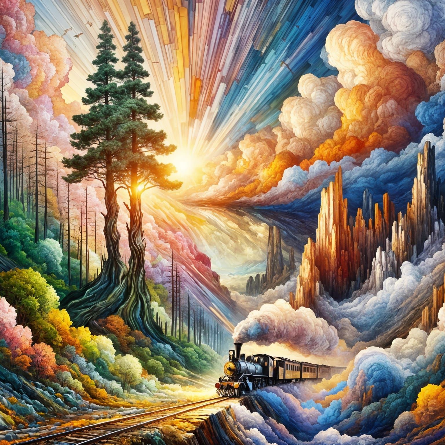 Whimsical Dreamscapes of Trees and Train in Vibrant Colors