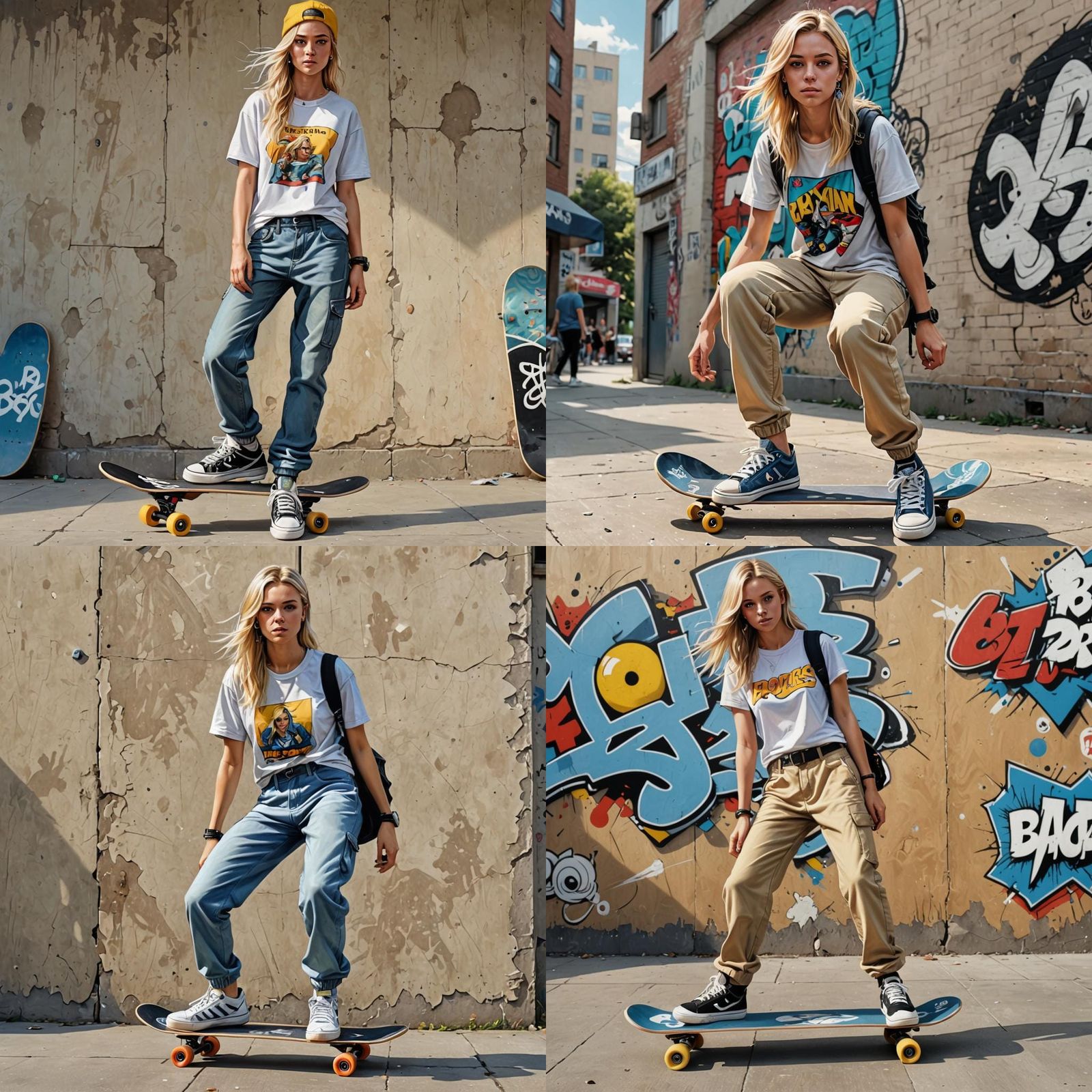 Hyperrealistic art a beautiful blonde skater girl, baggy pants, sneaker, skateboard under her arm, comic style, 2d . Ext...