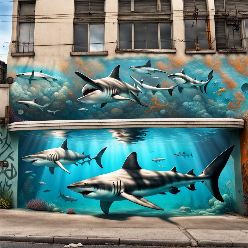 Peaceful Shark Family: Graffiti Photorealistic Street Art