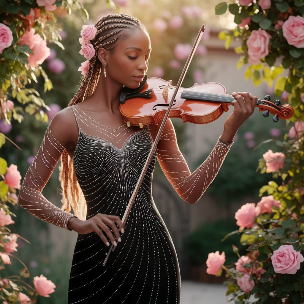 Woman with Roses Playing Violin in Garden