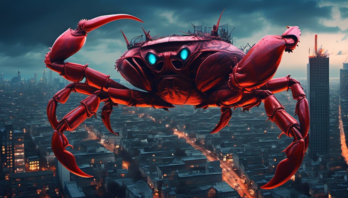 Sinister Giant Crab Destroys Cyberpunk Cityscape