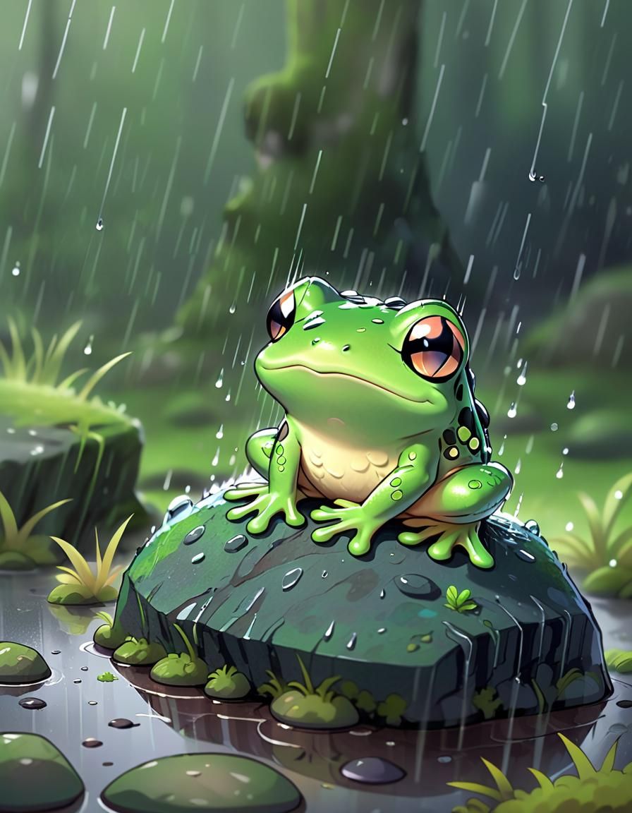 Sad Chibi Frog Illustration in Dreamy Cartoon Style