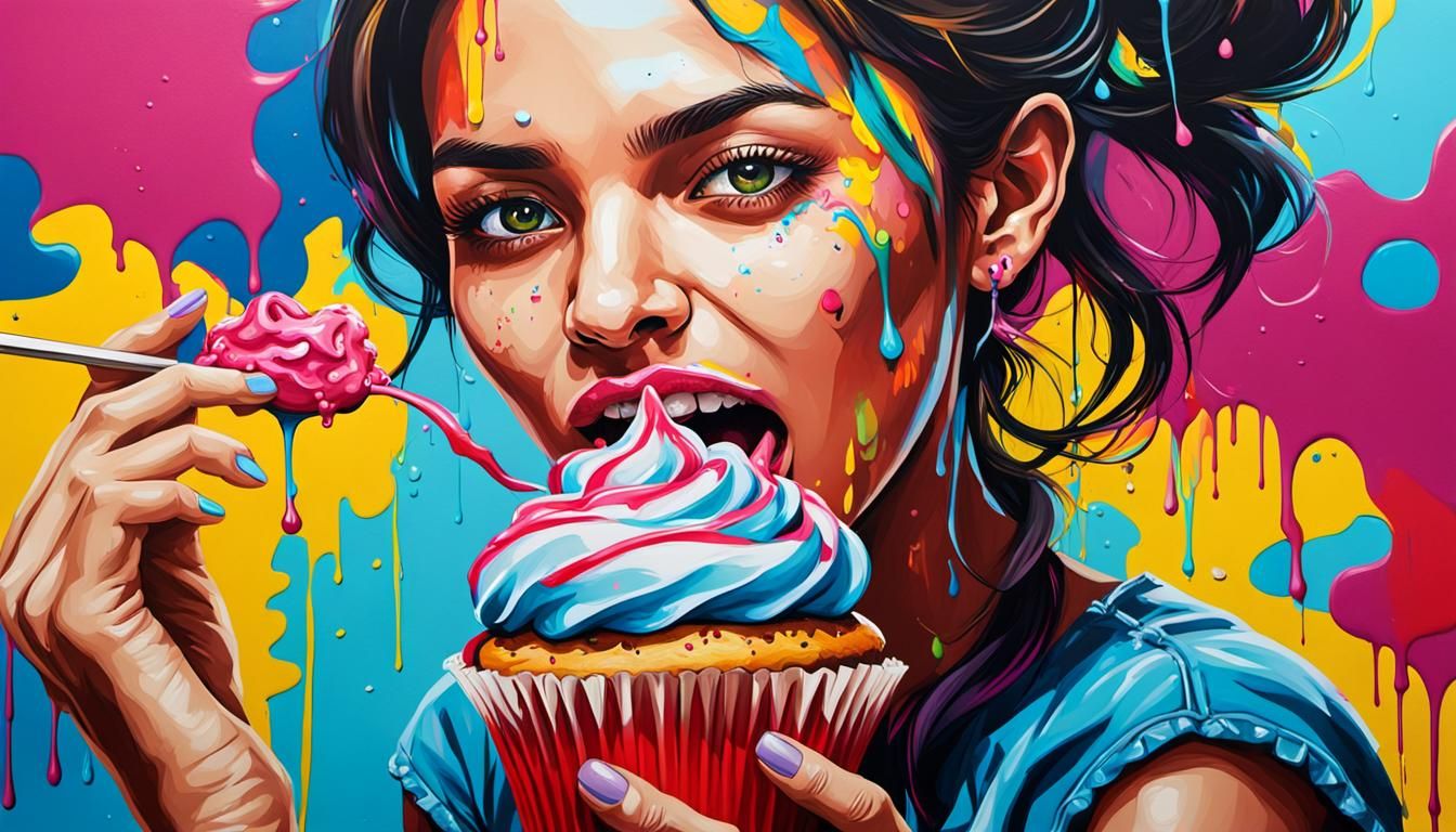 Colombian Woman Eating Cupcake in Graffiti Art Style