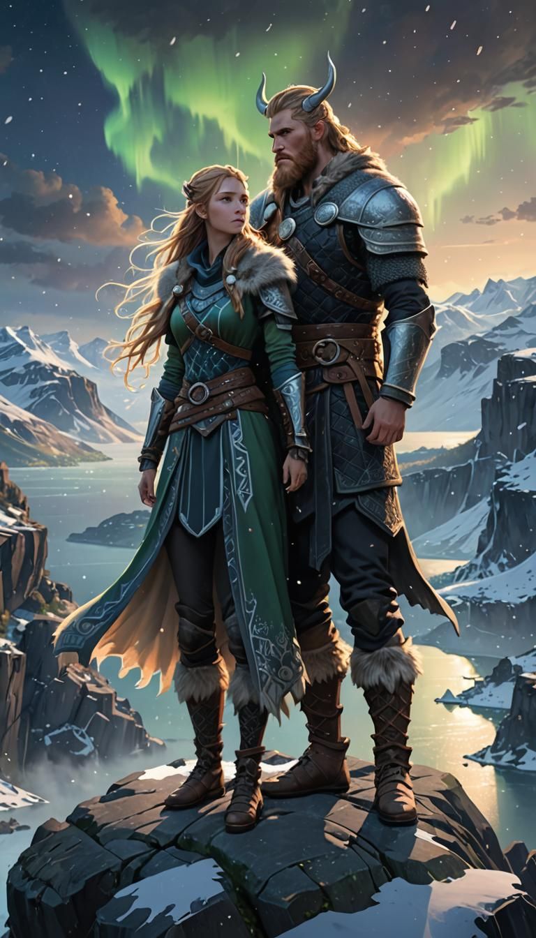 Vikings Overlooking Fjord in 3D Anime Style
