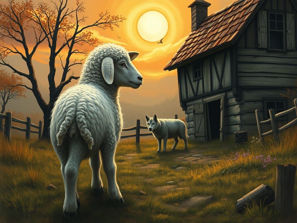 Realistic Lamb and Wolf Scene in Detailed Art Style