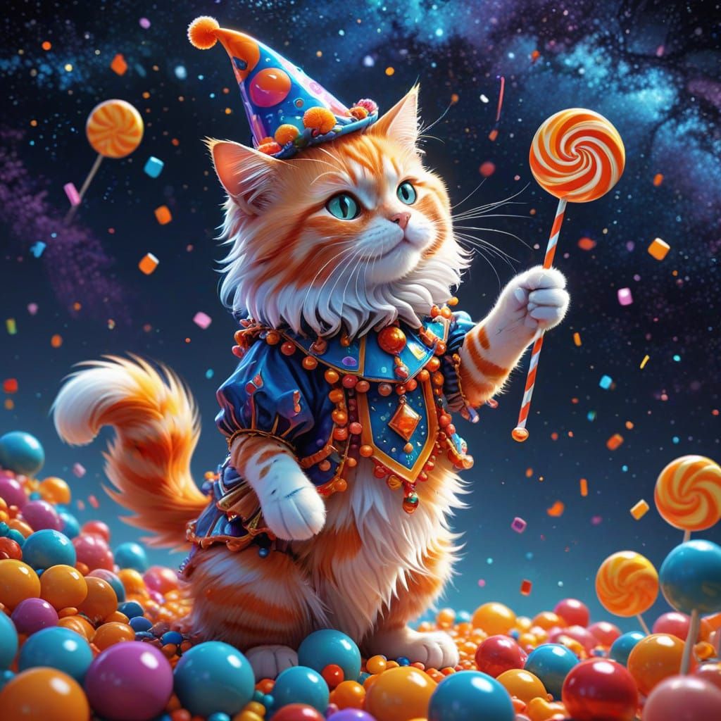 Vibrant Medieval Cat Juggles Candies Under a Whimsical Night...