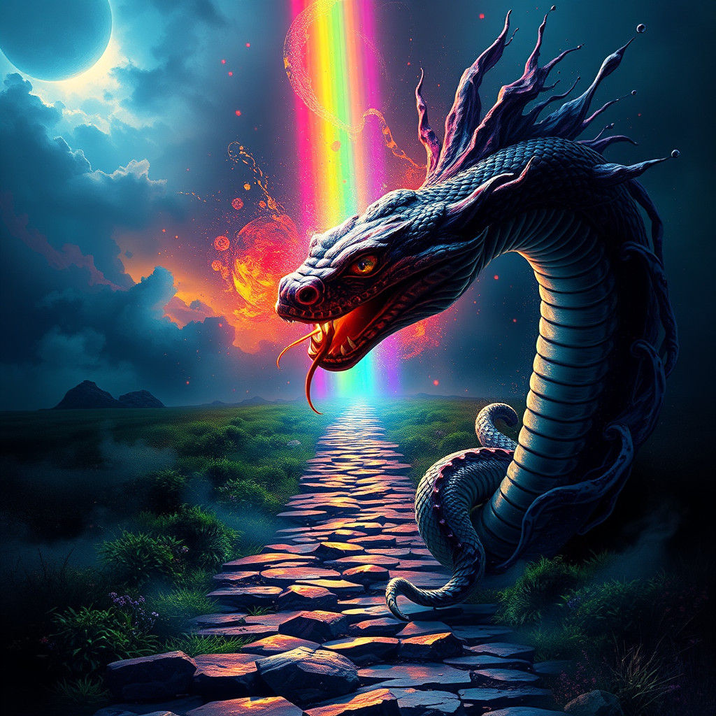 Serpent Blocks Rainbow Path: Hyperrealistic Splash Art