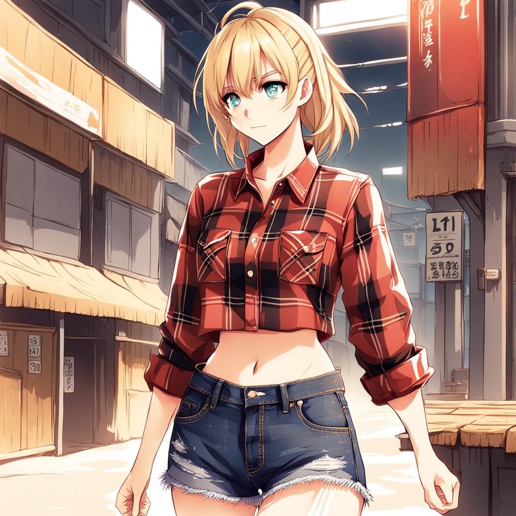 Blonde Woman in Crop Top in Anime Style