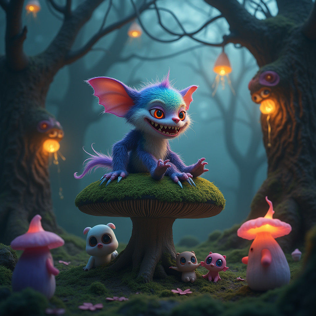 Eerie Plush Creature in Misty Twilight Forest