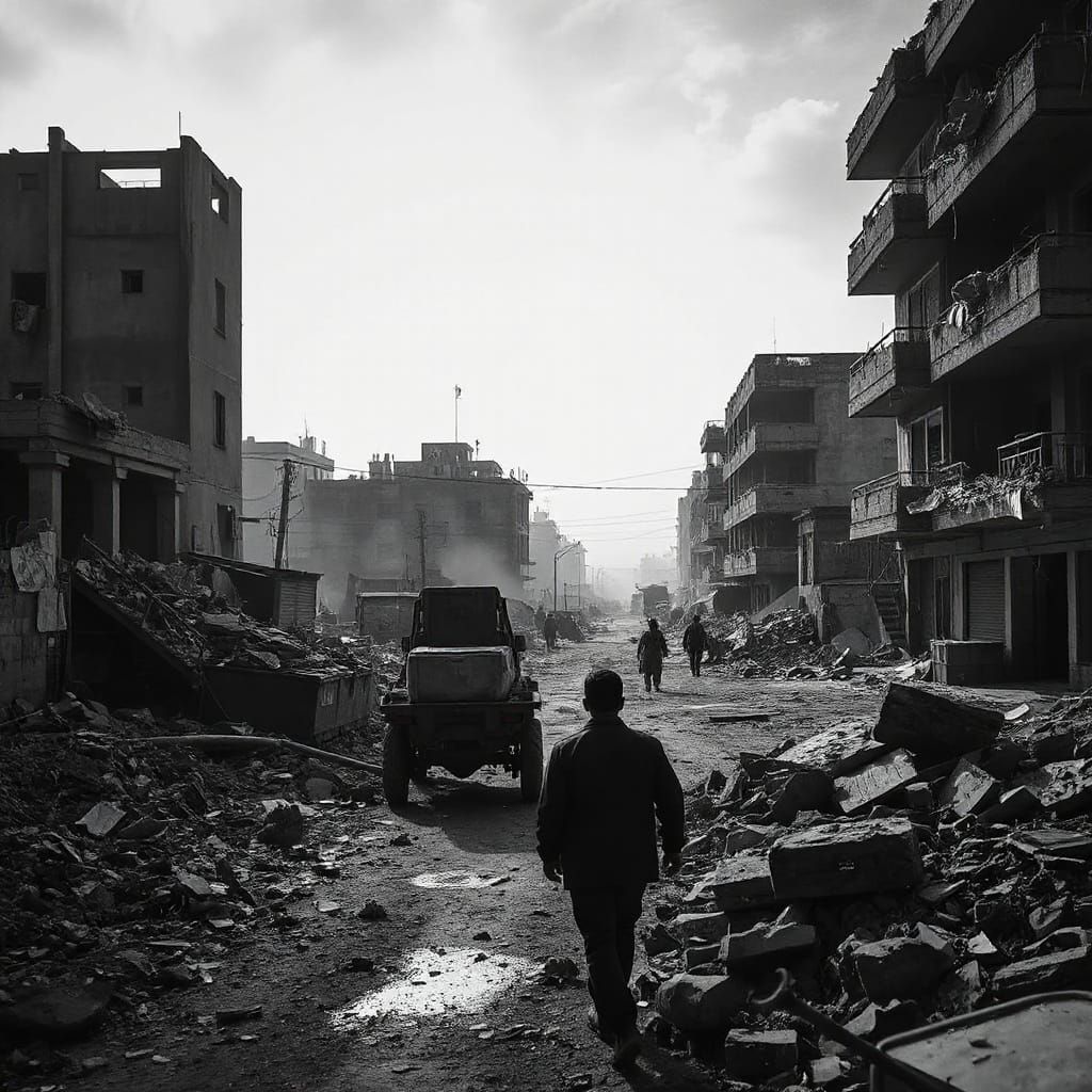Gritty War-Torn Cityscape in Stark Monochrome