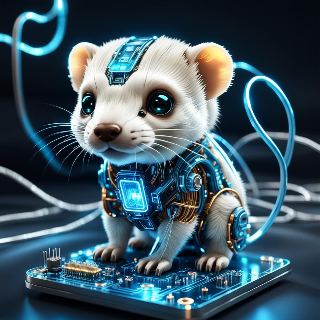 Futuristic Steampunk Chibi-Ferret on Glowing Circuit Board