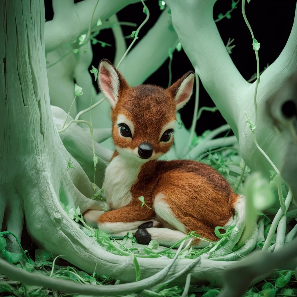 Chibi Fawn in Bioluminescent Forest, Digital Art