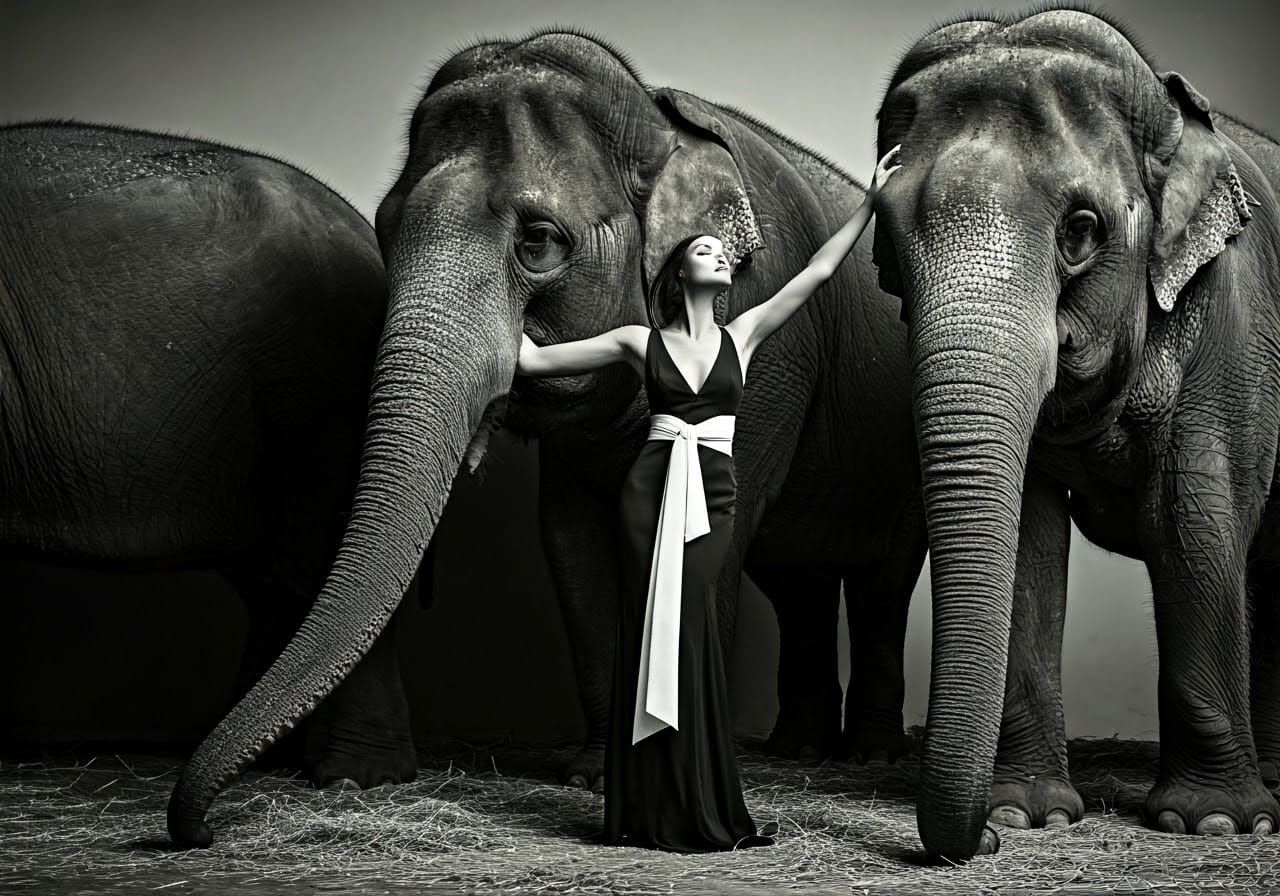 Elegant Woman Among Majestic Elephants in Timeless Black-and...
