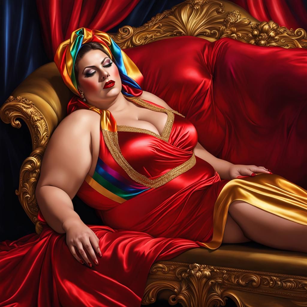 Realistic Artistic Sissy Satin Flamboyant Statuesque Glamorous Big Beautiful Woman BBW Woman relaxing supine on a Chaise...