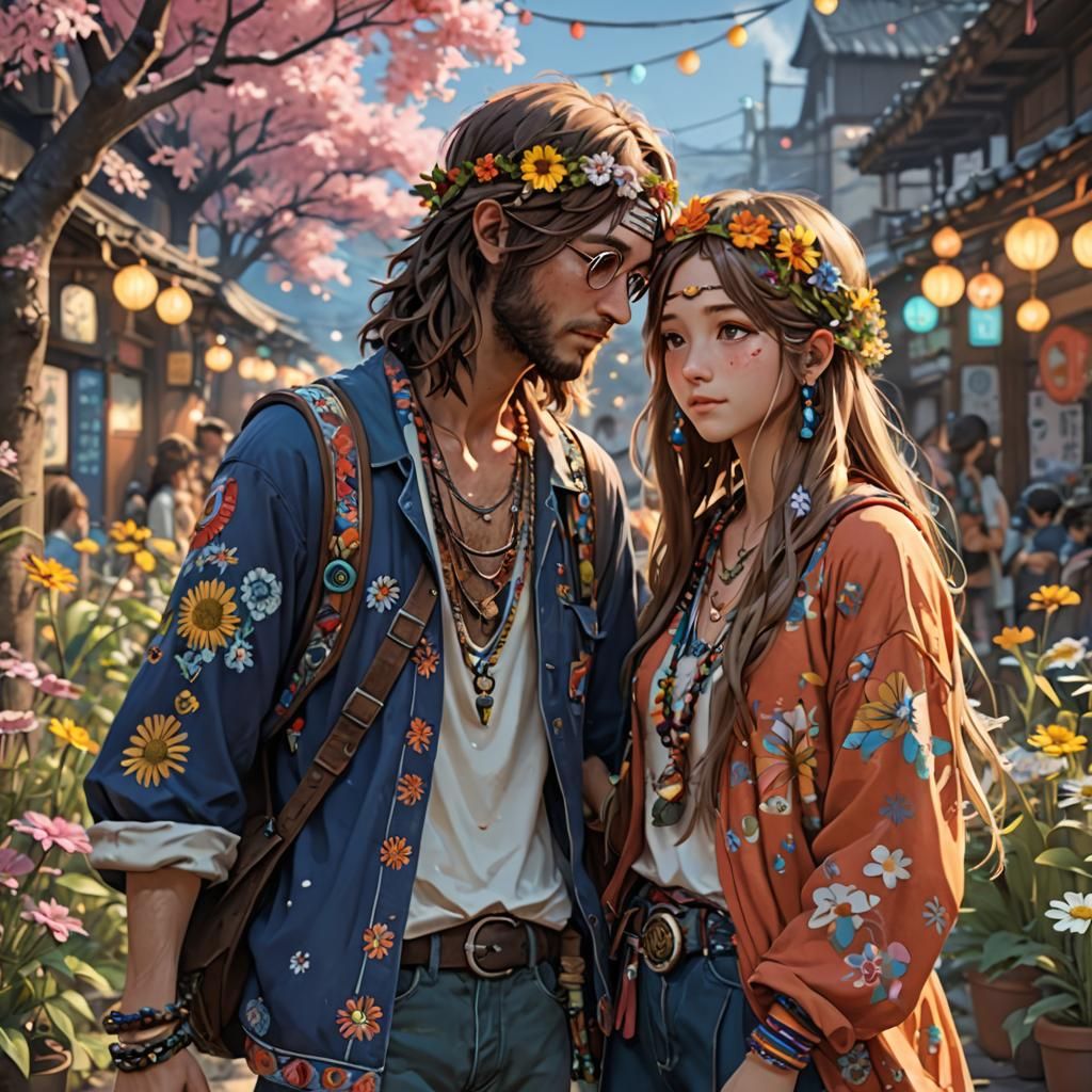 Loving Hippy Couple in Detailed Anime Style