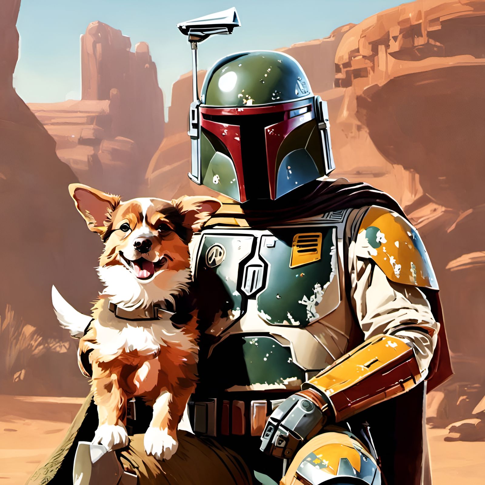 Boba Fett Portrait with Puppy, Digital Illustration