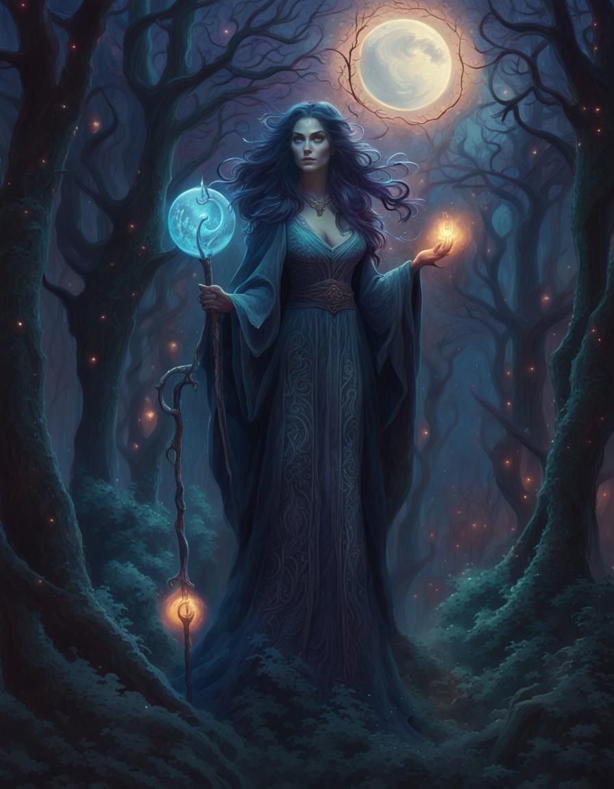 Enchanting Sorceress in Moonlit Forest: Holographic Illustra...