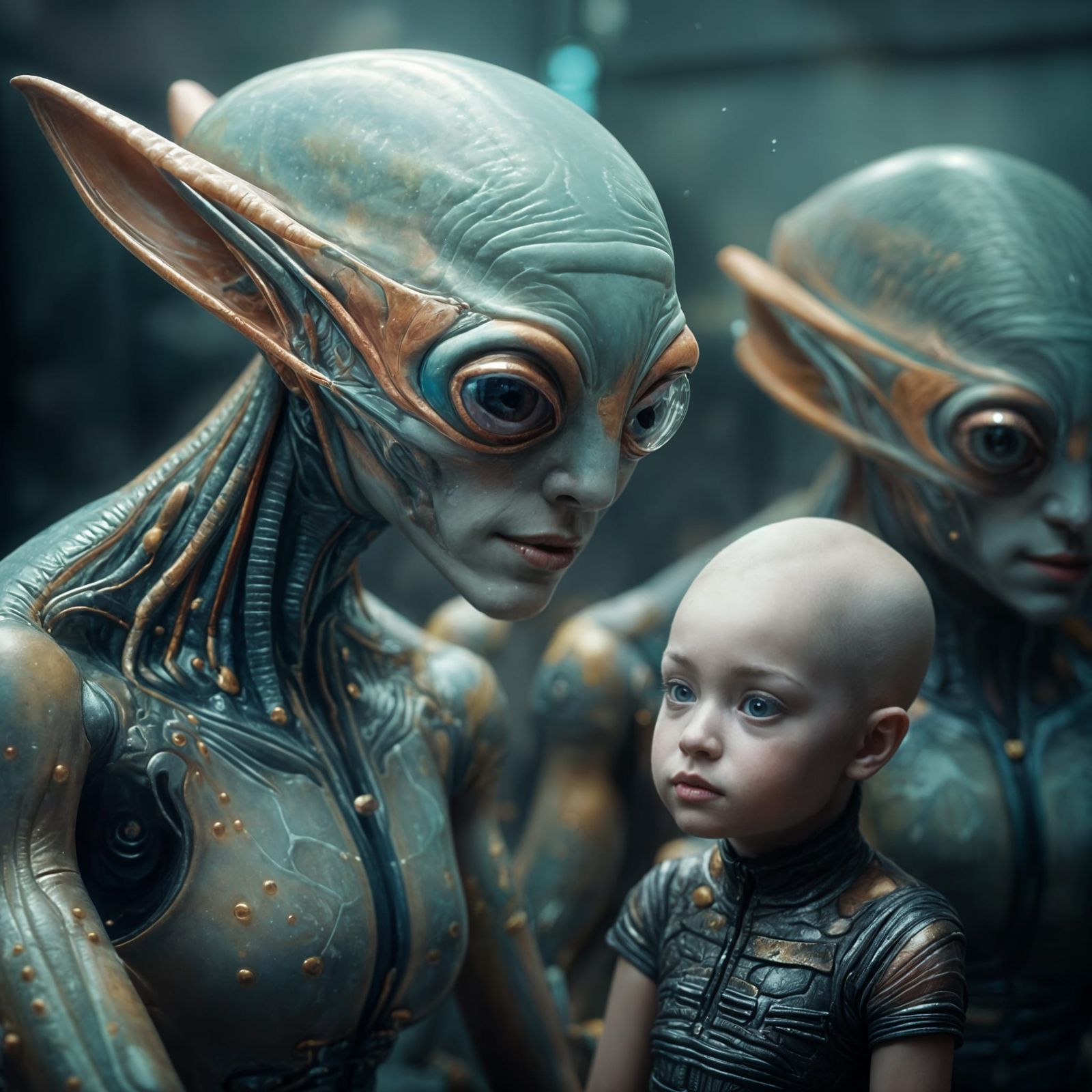 Smiling Aliens Party in Futuristic House: Hyperrealism