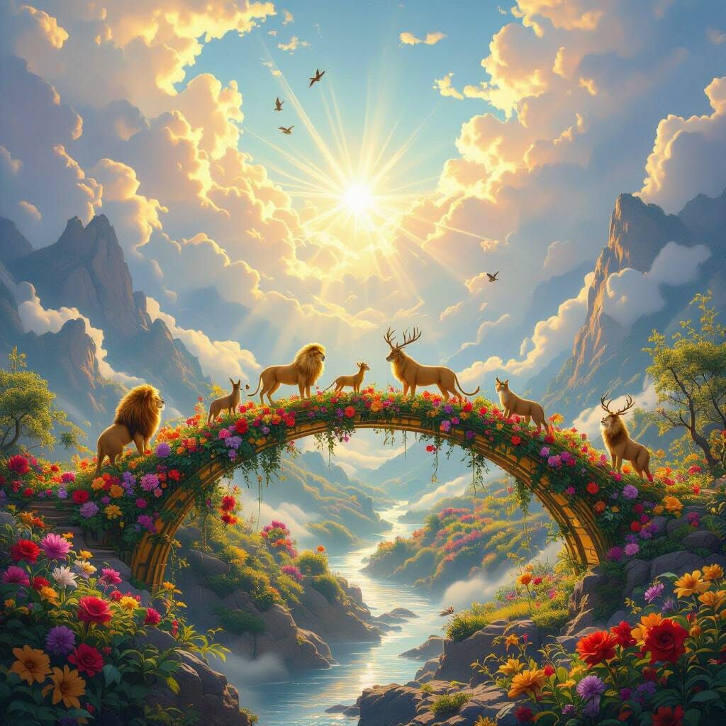 Golden Flower Bridge: Animals in Harmonious Garden Vista