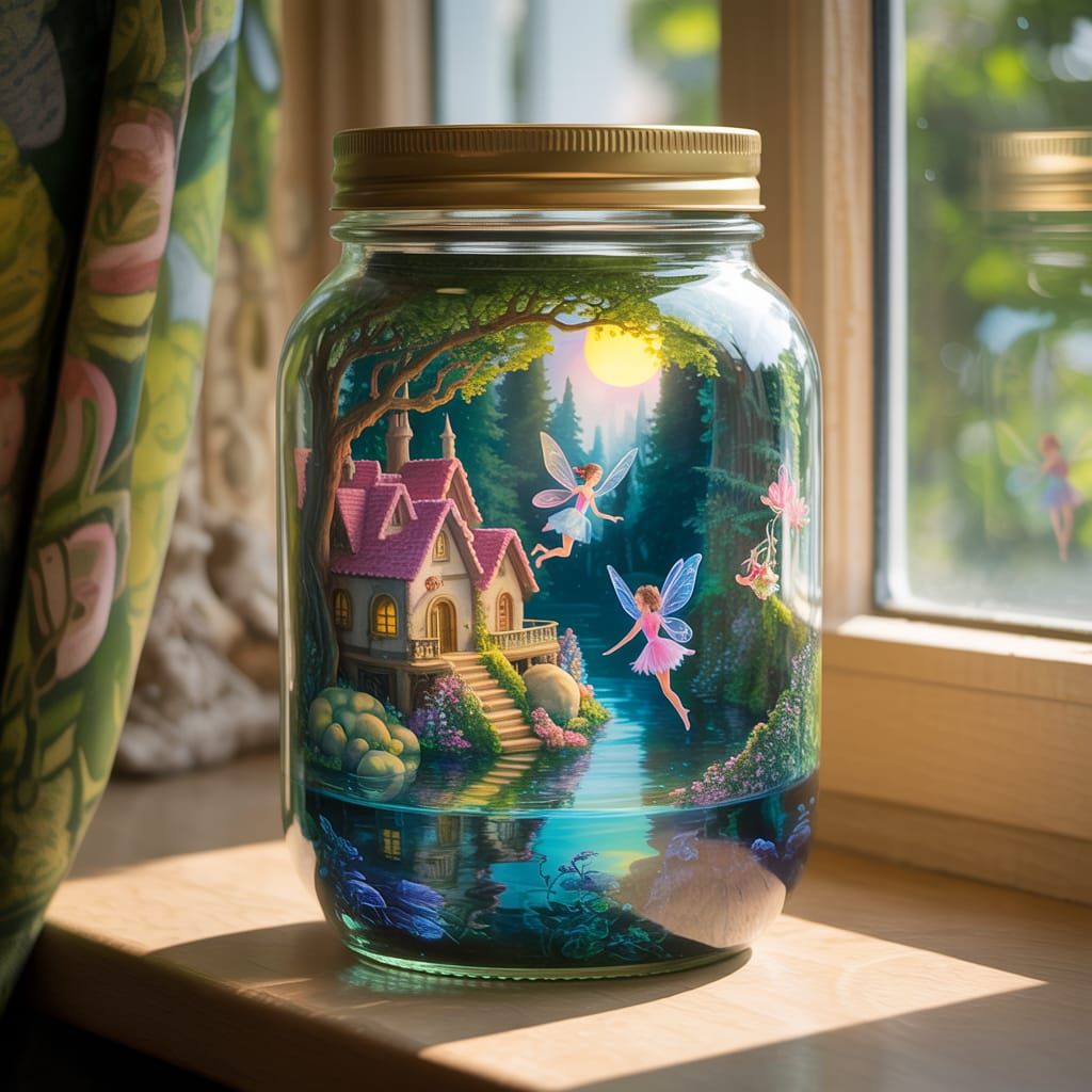 Fairy Village Inside Glass Jar, Airbrushed Art