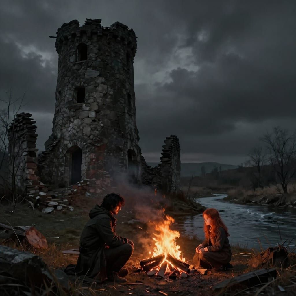 Dark Fantasy Ruins: Man and Girl by Bonfire