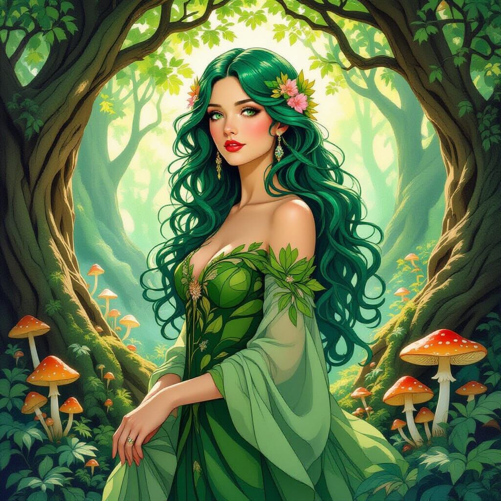 Enchanted Forest Woman with Emerald Hair in Art Nouveau Styl...