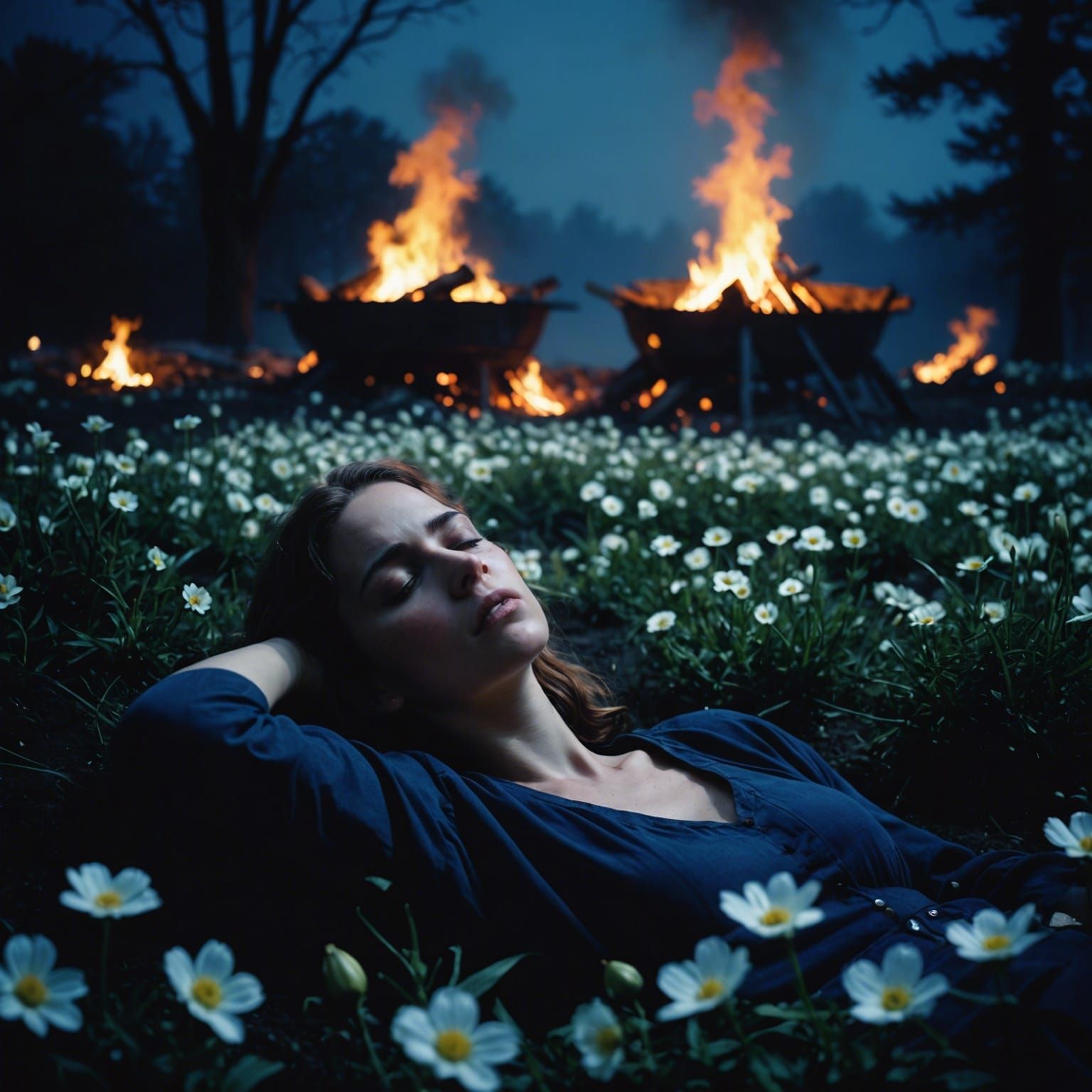 Melancholic Bonfire Scene with Sleeping Girl