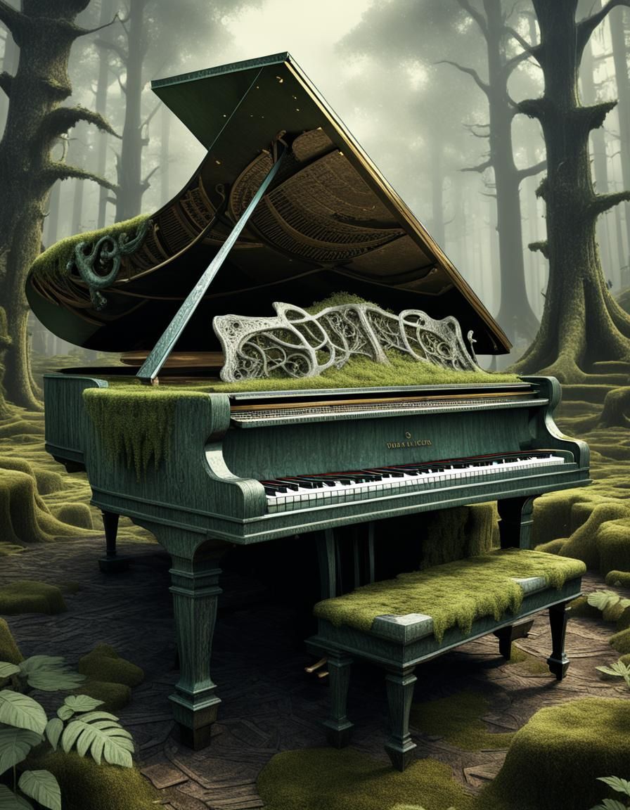 Decaying Grand Piano in Whispering Woods: Digital Art
