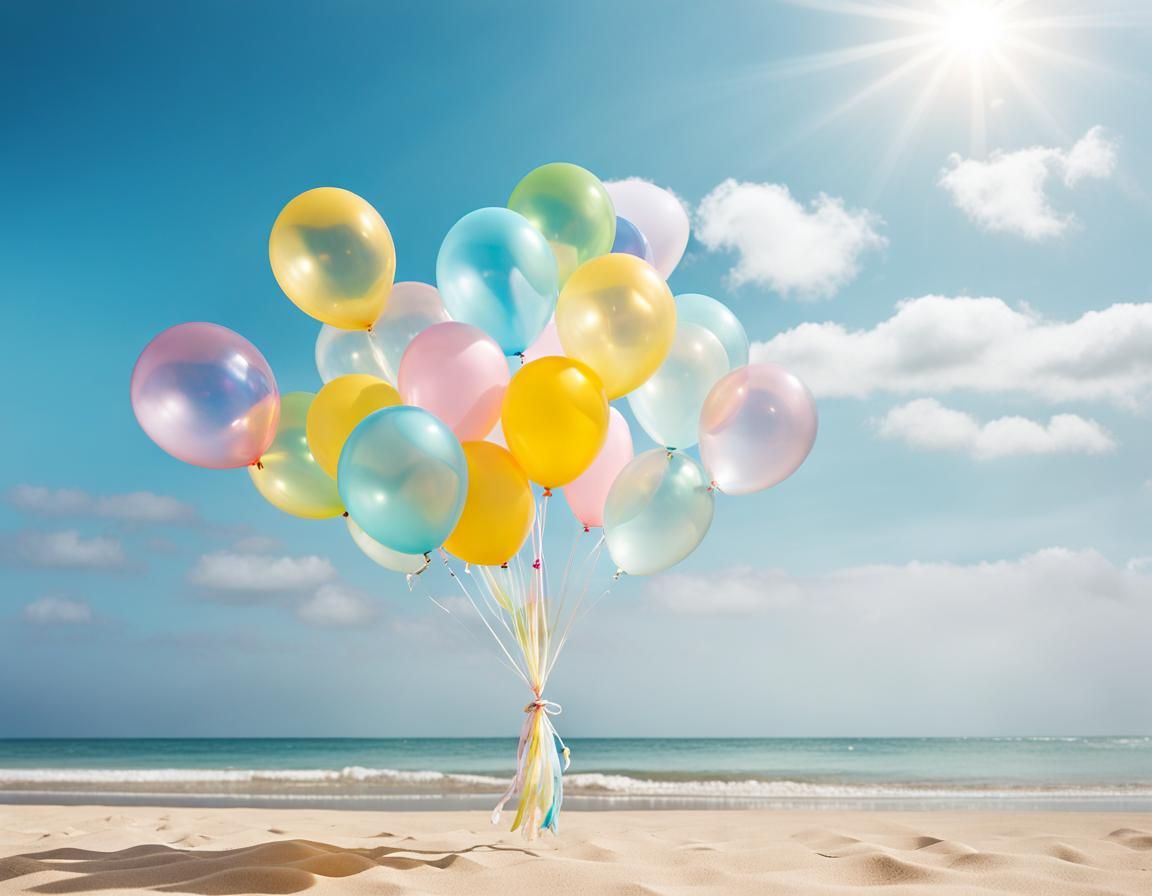 Pastel Balloons Float Over Sunny Beach