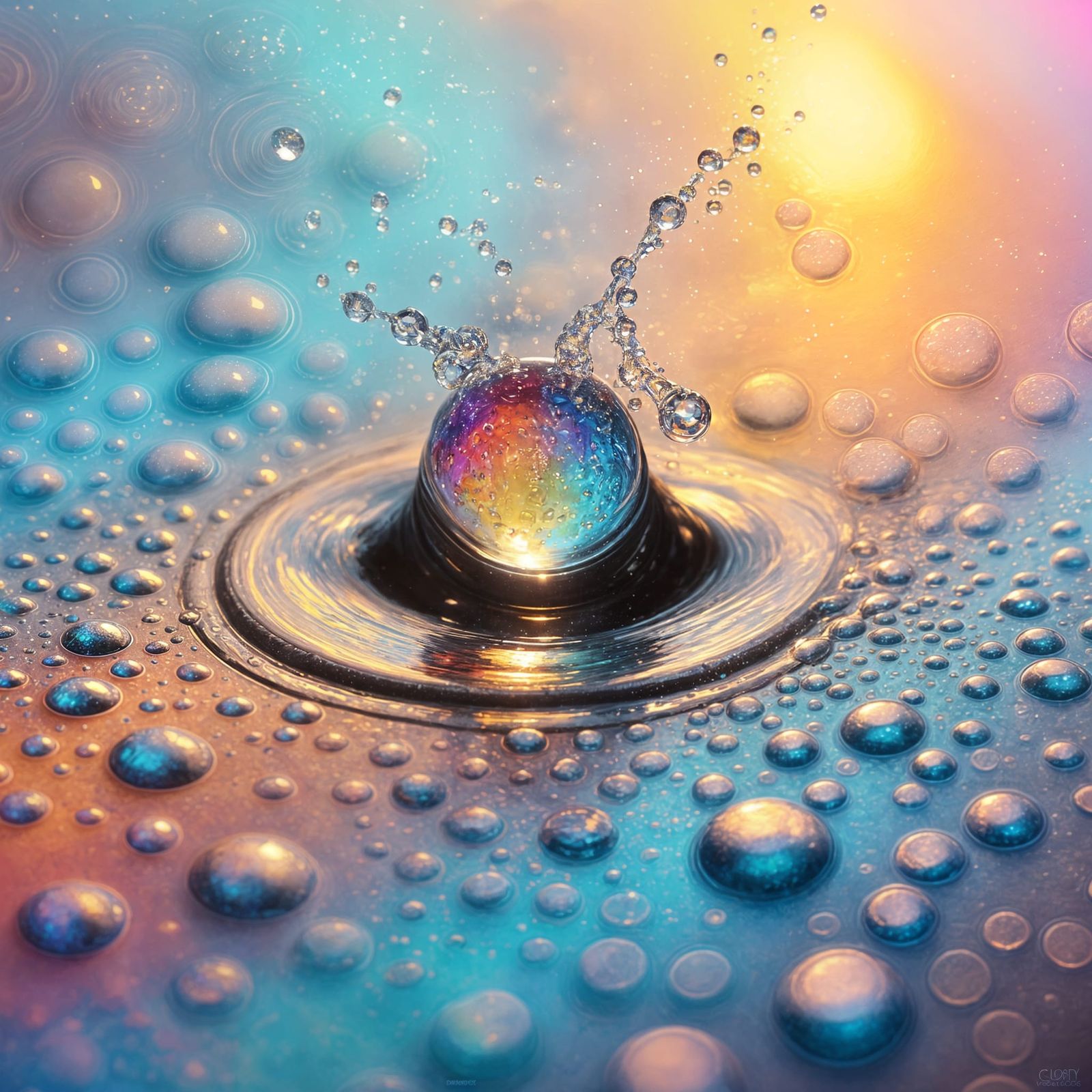 Vibrant Monochromatic Graffiti Art in Water Droplet Bokeh