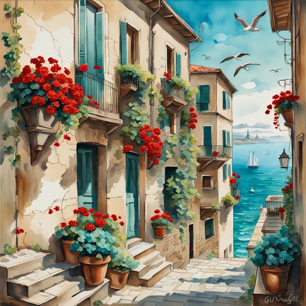Italian Seaside Street in Realistic Watercolor Style