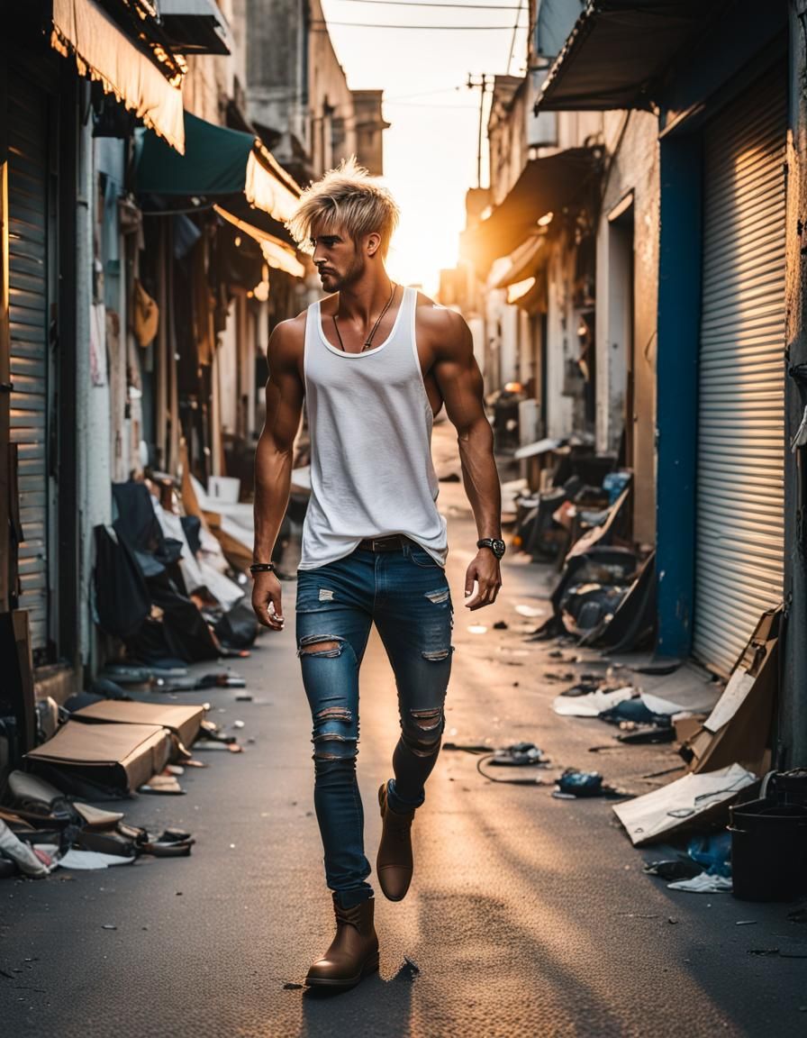 Young athletic man with ripped jeans walking through a small dirty street