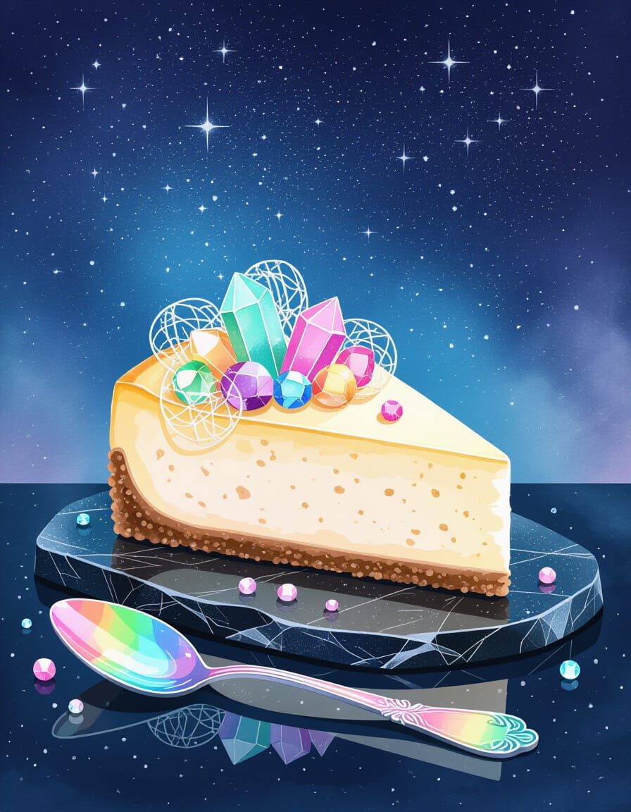 Cheesecake with Gemstones on Obsidian in Pastel Watercolor S...