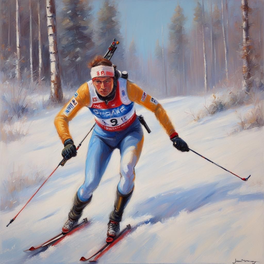 Biathlon Race Shooting in Pastel Oil Painting Style