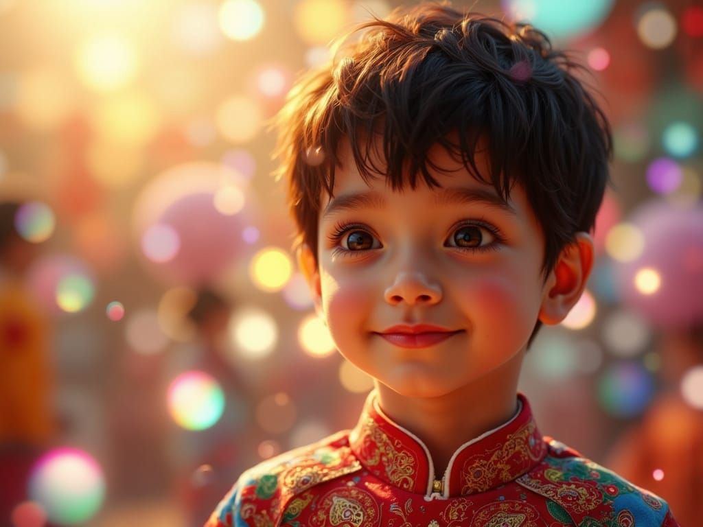 Joyful Child in Vibrant Oriental Attire, Golden Hour