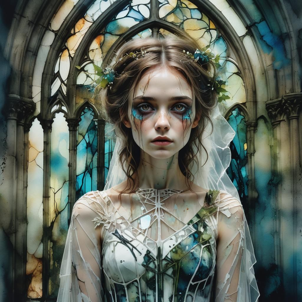 Whimsical bride posing, fashion editorial style, symmetrical hazel eyes with magical bioluminescent shades, digital wate...
