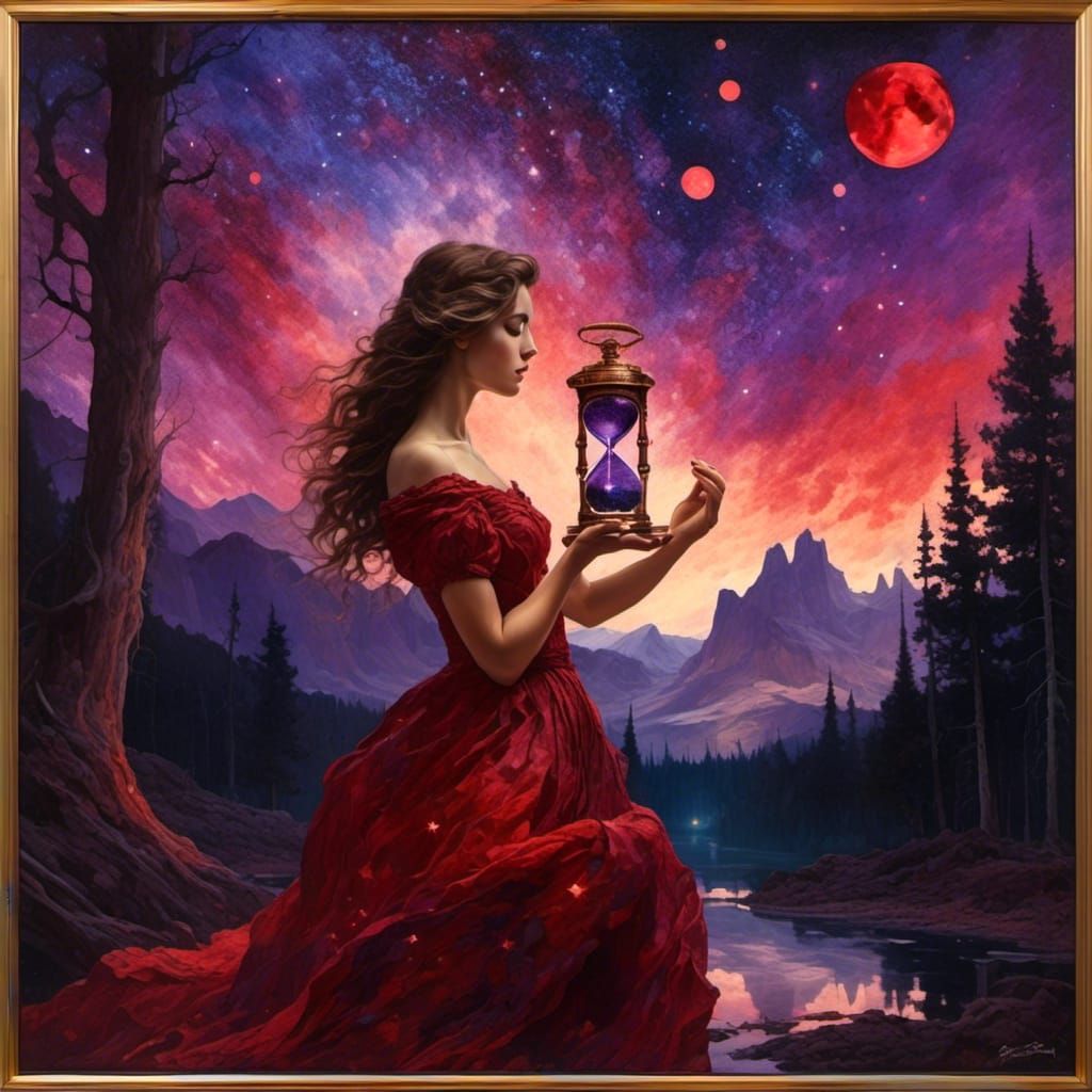 Woman with Hourglass in Starry Night Sky