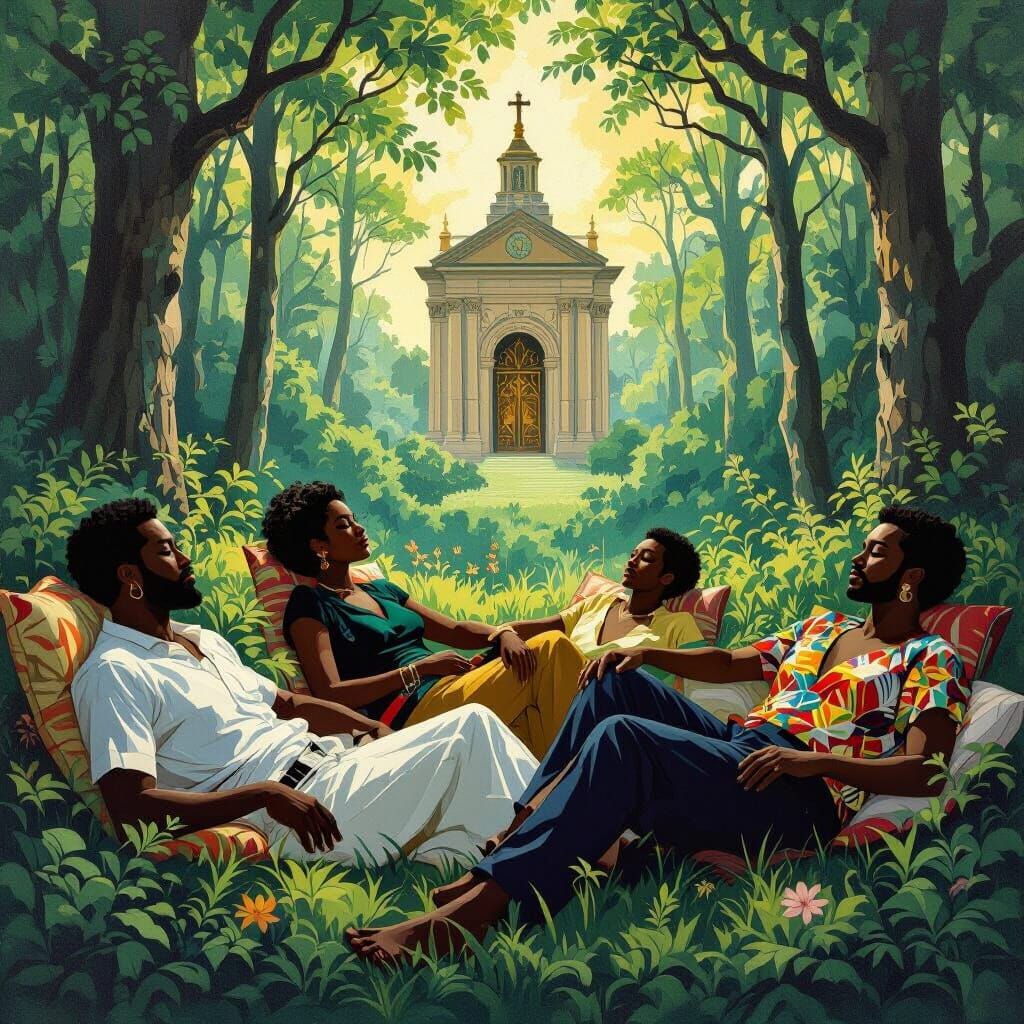 Black Individuals Relaxing in Forest with Tabernacle