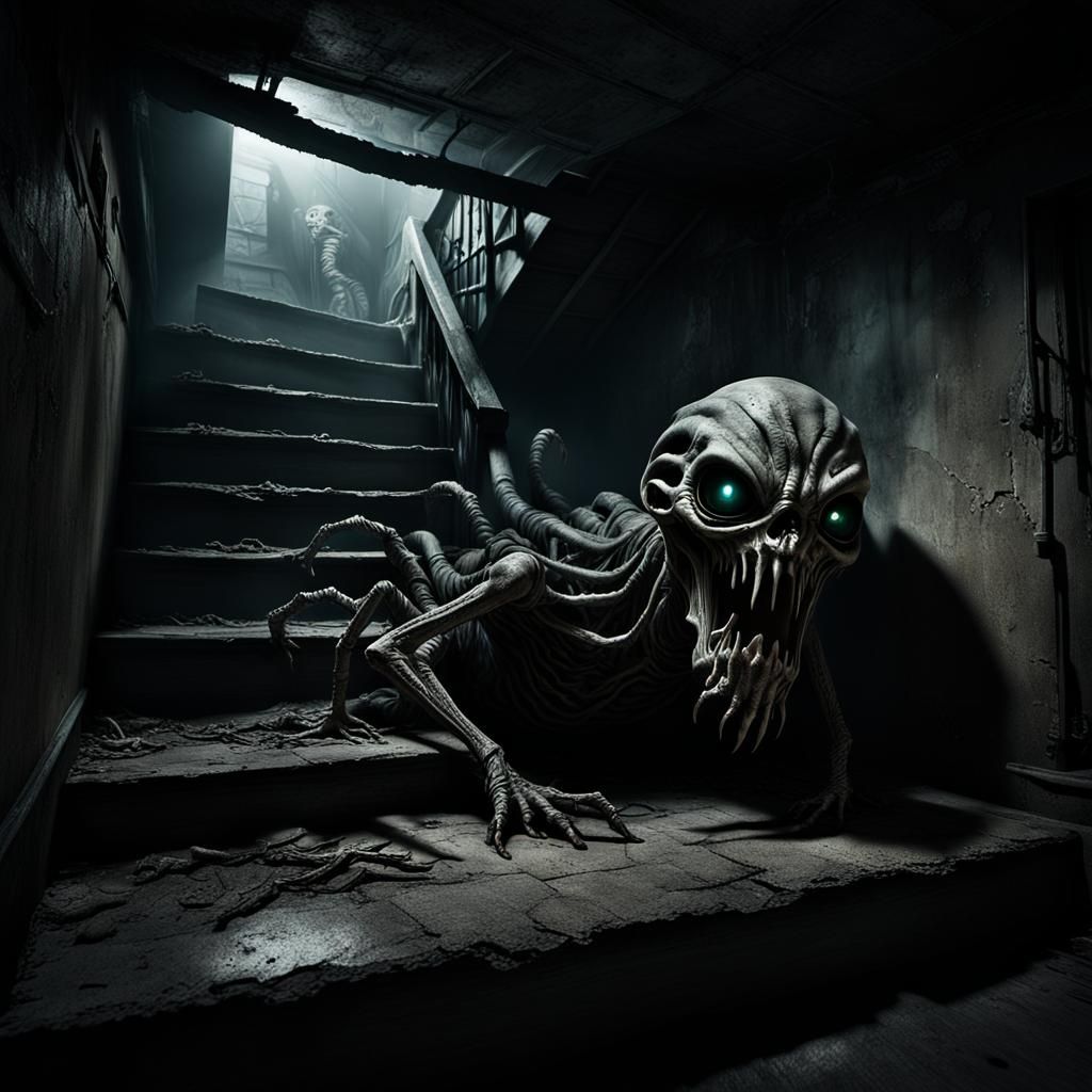 Eerie Creature Lurking Under Basement Stairs