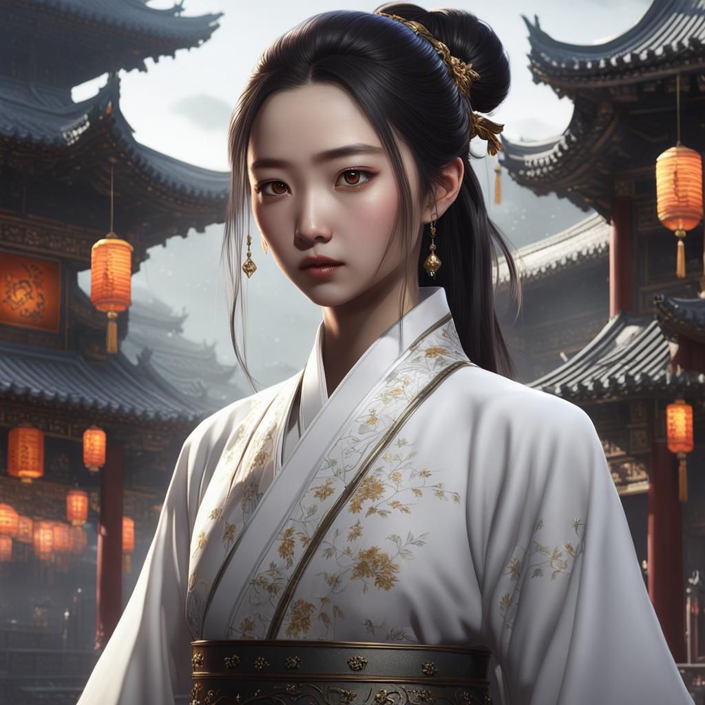 Anime Style Chinese Girl Portrait in Dark Amber