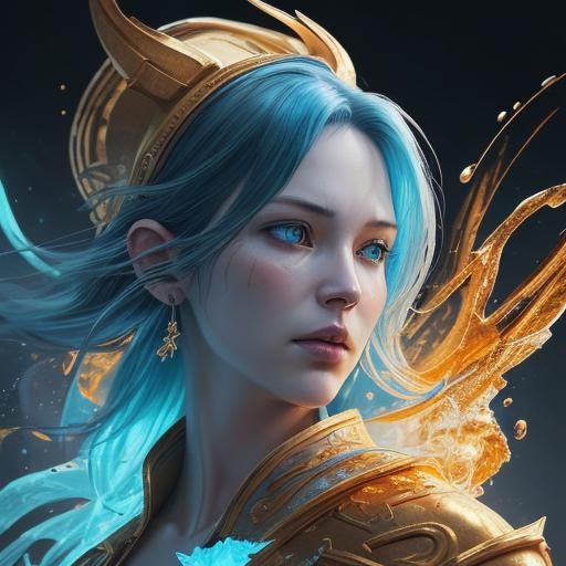 Glacial Fire in Gold and Blue: Hyperrealistic Splash Art