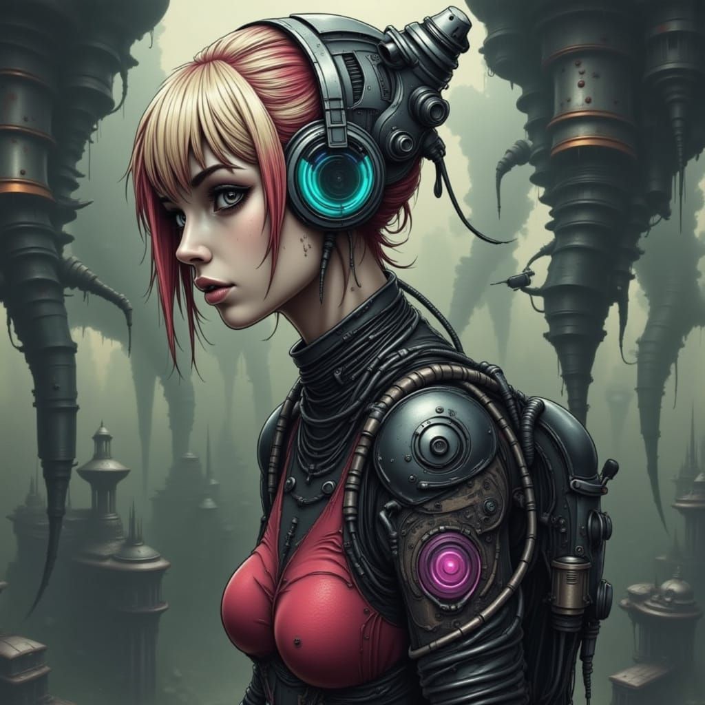 Cyberpunk Woman with LED Tattoos in Biomechanical Style