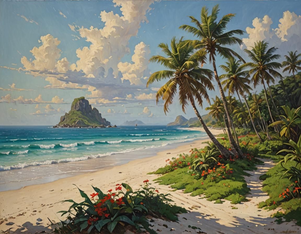 Lush Paradise Oil Painting in Gurney Style
