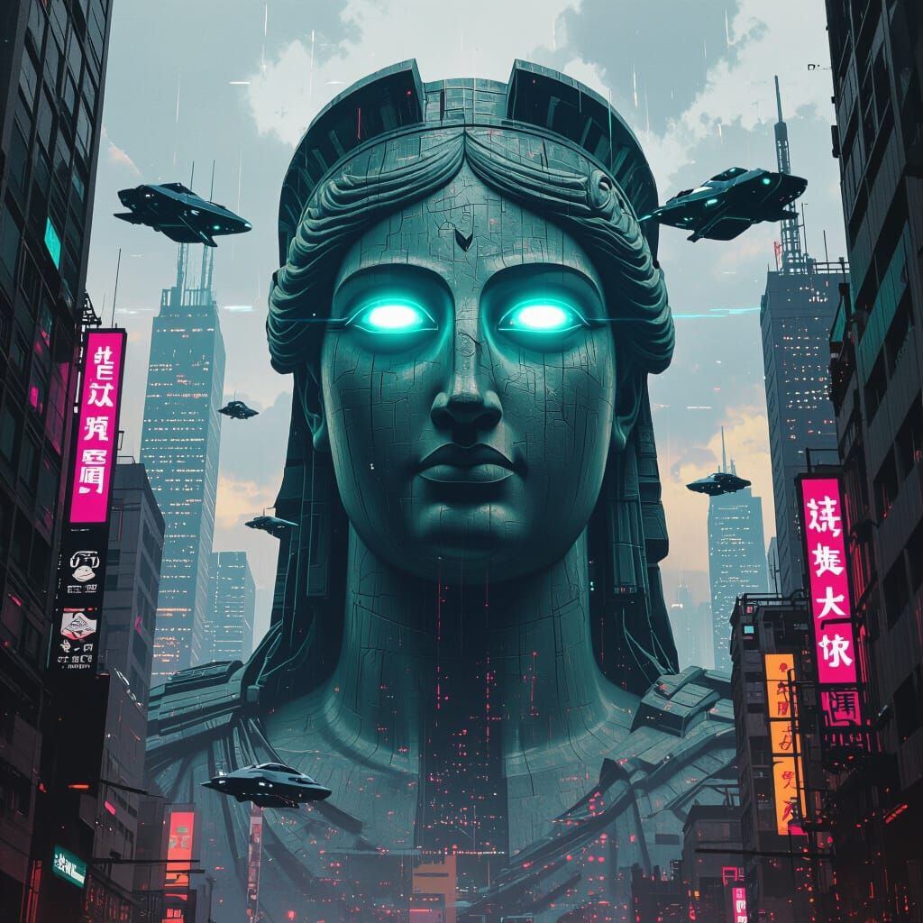 Cyberpunk Athena Mural with Glowing AI Eyes