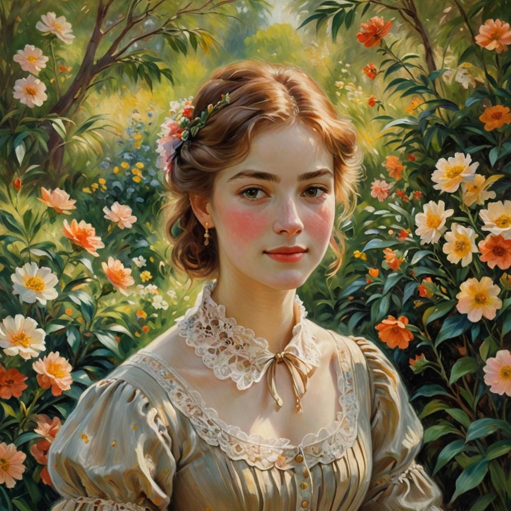 Young Woman in Garden: Impressionist Portrait