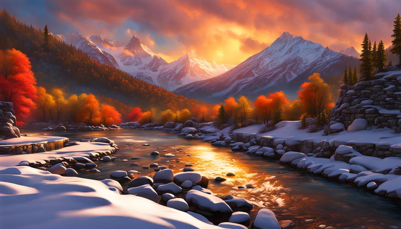 Mountain Sunset with River and Arcade Bridge