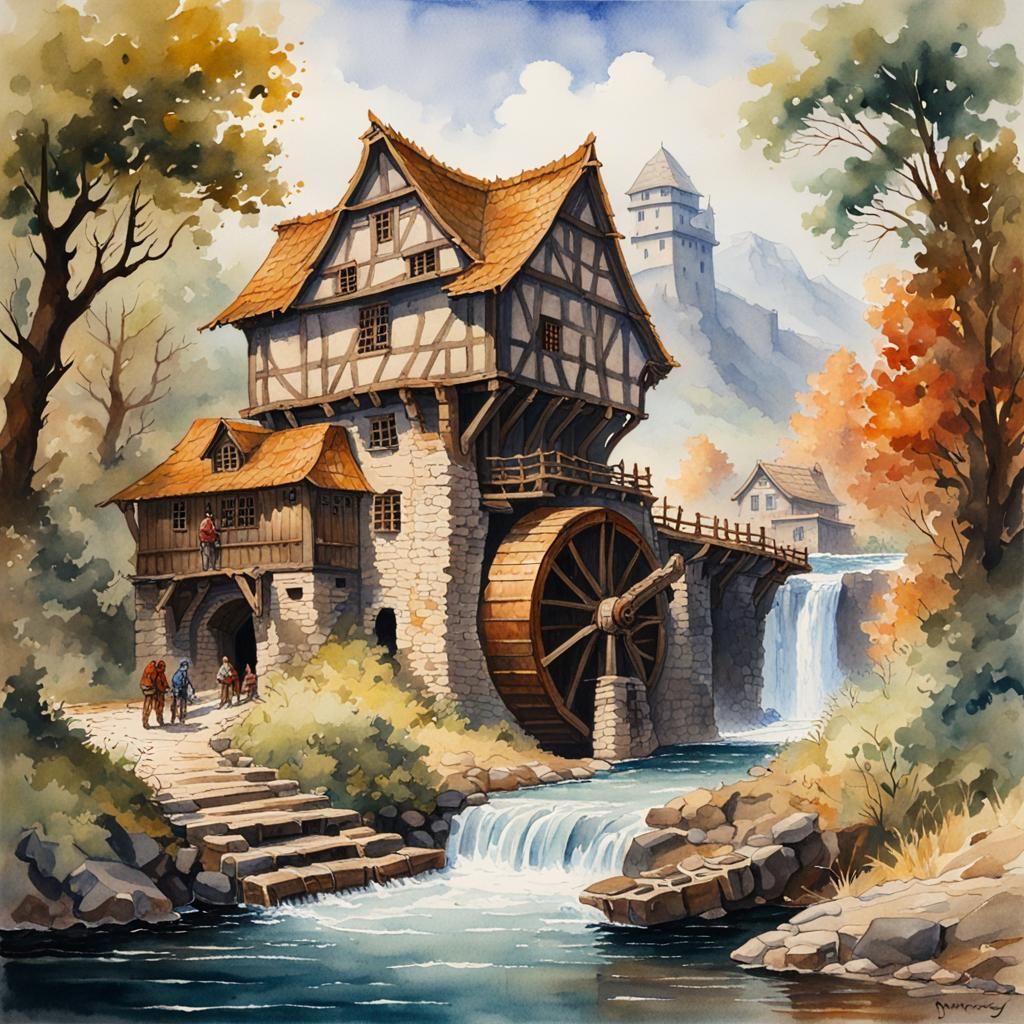 A fantasy vibrant watercolour painting of a three-story wate...